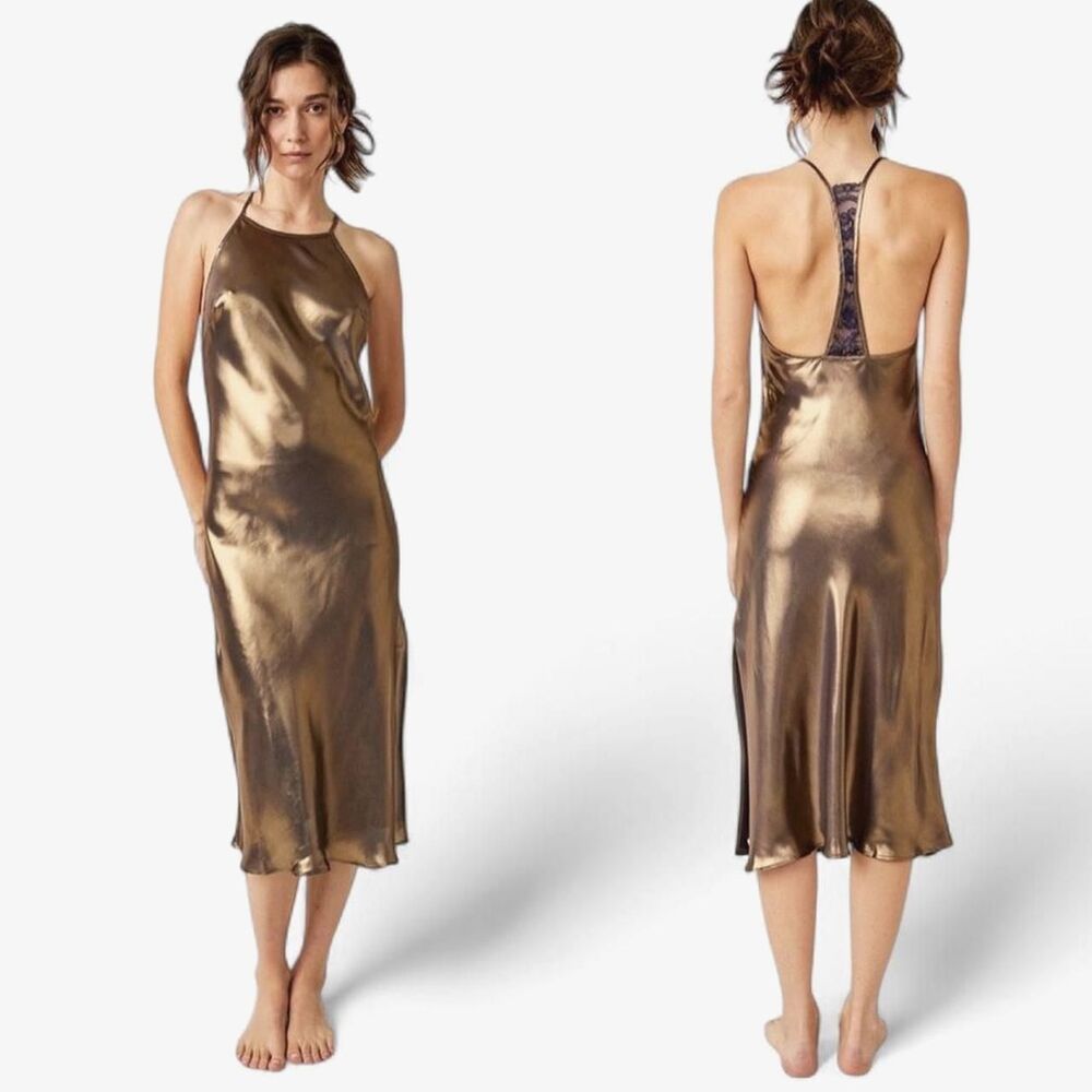 FREE PEOPLE Sunset Shimmer Midi Slip /Rose Gold
